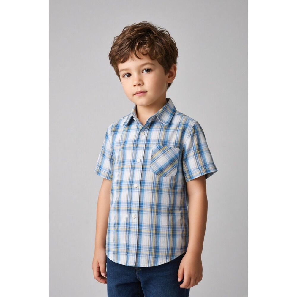 Wrangler Boys Size 5 Blue Plaid Short Sleeve Button Up Shirt Holiday Western